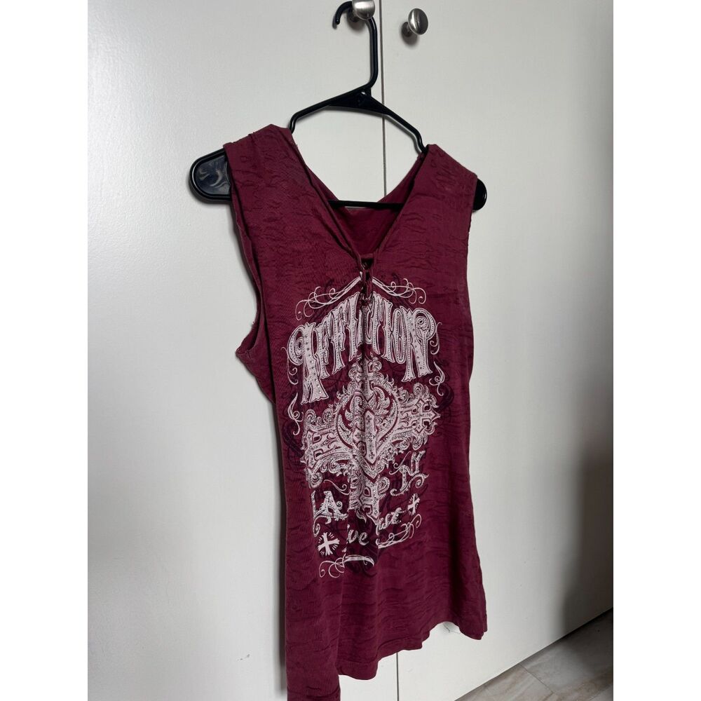 RARE Vintage Affliction Distressed Open Back Bedazzled Maroon Tank Top